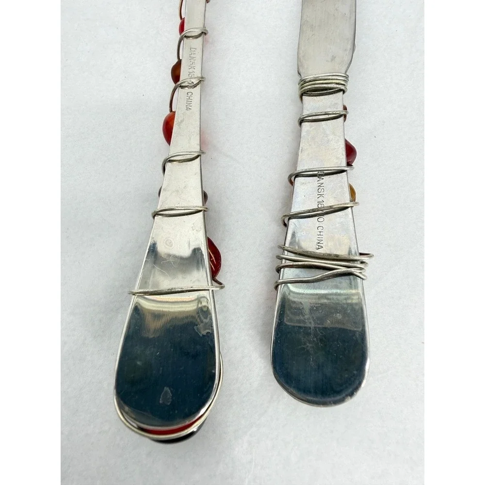 Wire Wrapped Beaded Fork & Knife Appetizer Flatware Set Red Elegant Tableware